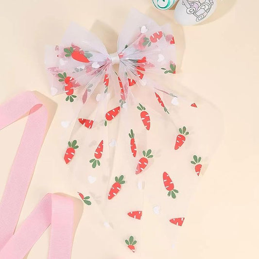 Easter Hair Bow for Girls - Large Tulle Carrot Bow Hair Clip with Long Tail, Cute Carrot Hair Accessory Alligator Clip for Women Toddlers, Easter Spring Party Barrette Hair Decoration