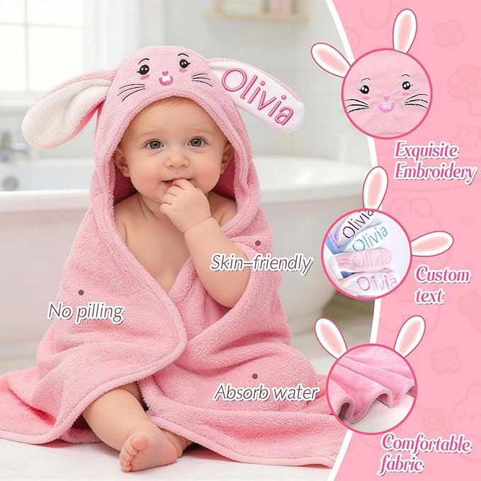 Custom Hooded Bath Towel with Name, Personalized Highly Absorbent Bunny Towels, Baby Bath Towels for Girls Boys, Brithday Easter Gifts for Baby, Toddler, Newborn, Infant (Pink)