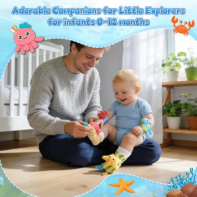 Baby Wrist Rattle Foot Finder Socks Set, CPC Safe Sensory Plush Toys for 0-12 Months Newborn Boys Girls, Ocean Rattles Baby Shower Registry Gift for Expecting Moms Essentials