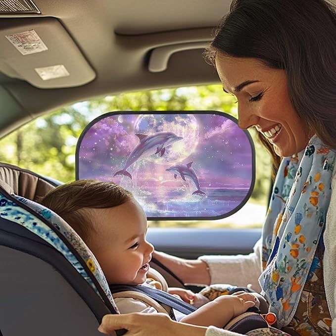 Bulopur Purple Dolphin 2 Pack Back Window Sun Shades for Car Glare Shield Protection Side Window Screens Easy to Install UV Protection Breathable Universal Car Sun Shades