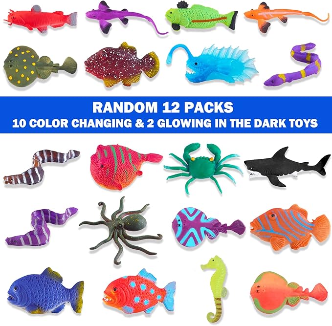 Color Changing No Hole Bath Toys for Kids Toddlers, Color Change Water Table Bathtub Toys Sea Creatures Rubber Fish for Kids & 2 Glow in The Dark Ocean Animal with Bath Book