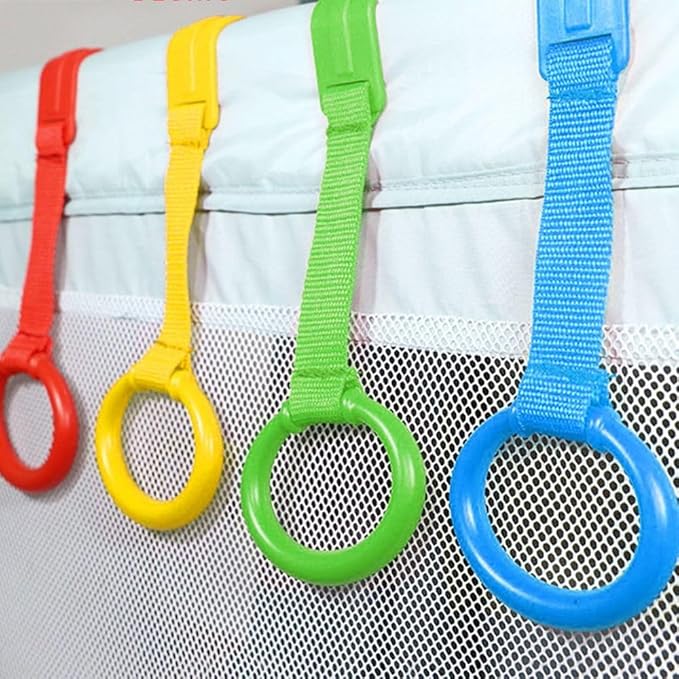 Leadigol 4PCS Baby Playpen Pull up Rings,Baby Crib Pull up Rings,Baby playpen Crib Hook,Baby Standing Walker Crib Tool Ring,Help Baby Stand Ring Crib Pull Ring Walking Training Tool