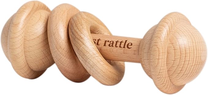 Pearhead Wooden Baby Rattle & Teether – Laser-Engraved Keepsake, Natural Beechwood, Montessori Sensory Toy Develops Fine Motor Skills & Hand-Eye Coordination, Newborn Gift, 0+ Months