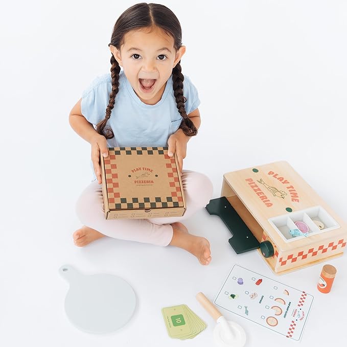 Pearhead Wooden Pizzeria Montessori Pretend Play Food Set, 38-Piece Play Kitchen Accessories, (38 Pcs) Toy Pizza Oven with Pizza Toppings Food Set, Preschool Toys for Toddlers, Ages 3+ Years
