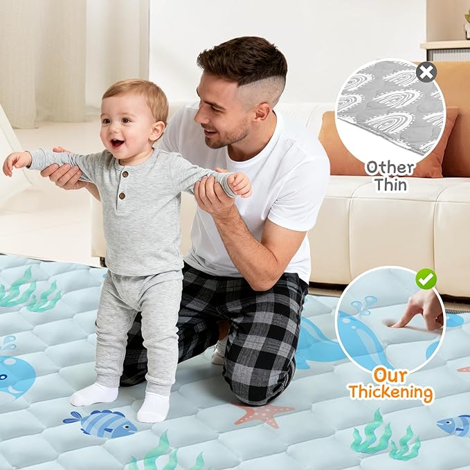 Baby Play Mat 65x50in - Thicken Soft Baby Cushioned Playmats for Playpen - Large Crawling Play Mats for Babies Toddlers Infant Non-Slip - Foldable & Machine Washable Infant Floor Play Mat, Ocean