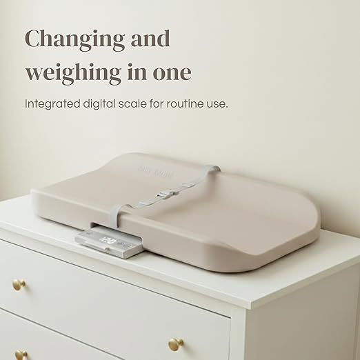 2-in-1 Baby Changing Pad with Integrated Scale, Contoured Wipe-Clean Foam, Non-Porous Waterproof Surface, Digital Baby Weighing Pad for Routine Changes, Safety Strap, Neutral Nursery Essential