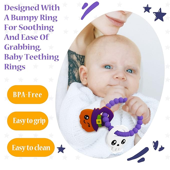 Big Spinach Pumpkin Teether Cute Ghouls Ring Teething Toy and Blind Box Silicone Baby Teether Toy,Girl or Boy Halloween Teether(2PC)