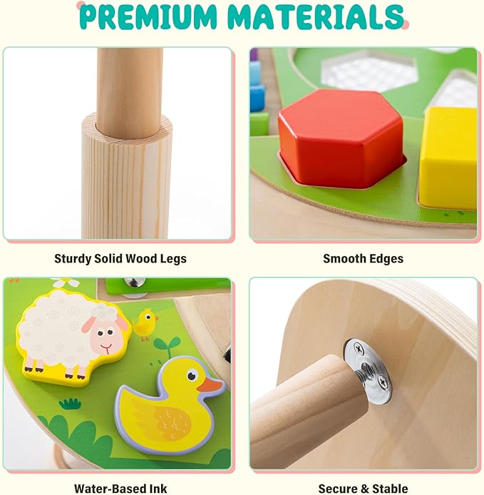 Montessori Activity Table for 1 Year Old, 9-in-1 Wooden Activity Table with Adjustable Height, Train, Shape Sorter, Xylophone, Baby Sensory Educational Learning Toys, Birthday Gift (Farm)
