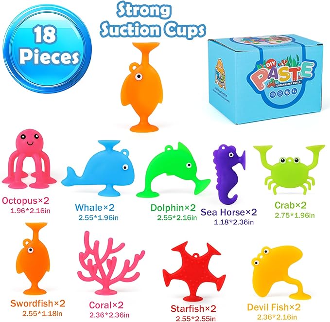 Baby Suction Cup Toys, 18 PCS Silicone Ocean Animals Suckers, Bath Toys for Kids Ages 4-8, Sensory Window Travel Easter Stuffers Toys for Toddlers Boys Girls 3 4 5 6 Year Old