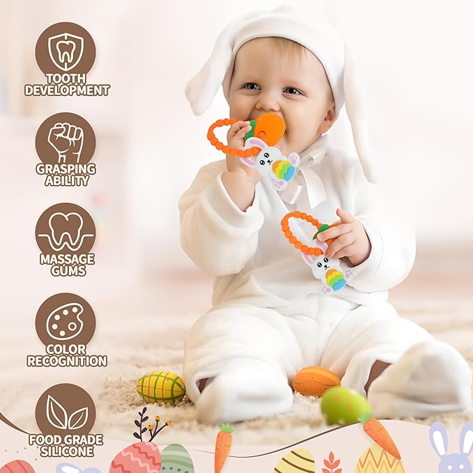 Easter Eggs Bunny Teething Toys, Easter Basket Essentials Stuffers, Silicone Easter Egg Baby Carrot Teether Toys, Baby Carrots for Baby's First Easter Gifts, Easter Decorations for Infant Boys Girls