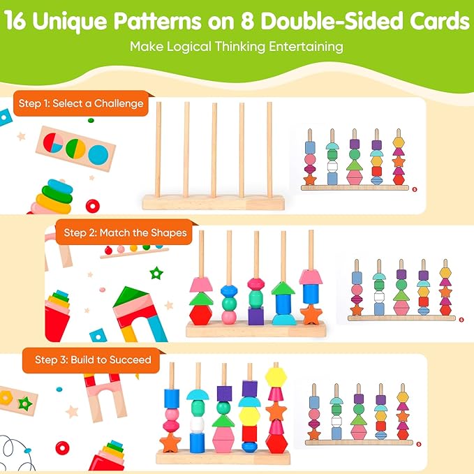 Montessori Wooden Threading Beads Set for Toddlers 3 4 5, Bead Sequencing & Stacking Toy with Pattern Cards, Lacing Beads, Shape Matching Stacker, Fine Motor STEM Learning Gift