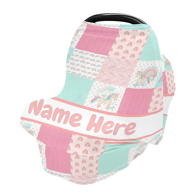Personalized Colorful Rainbow Baby Car Seat Cover for Babies with Name, Custom Pink Baby Car Seats Canopy for Girls, Nursing Breastfeeding Stroller Covers Infant Car Seat Blanket for Newborn