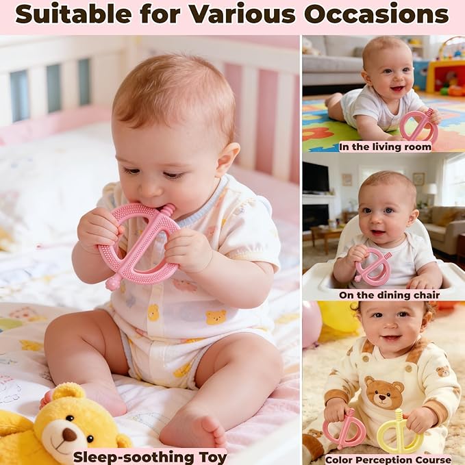 2-Pack Baby Teething Toys, Food Grade BPA-Free Silicone Baby Teether for 3-18 Months, Ring-Shaped Teething Toy for Babies, Multi-Textured Choke-Proof Easy Grip Teether for Infants (Khaki&Pink)