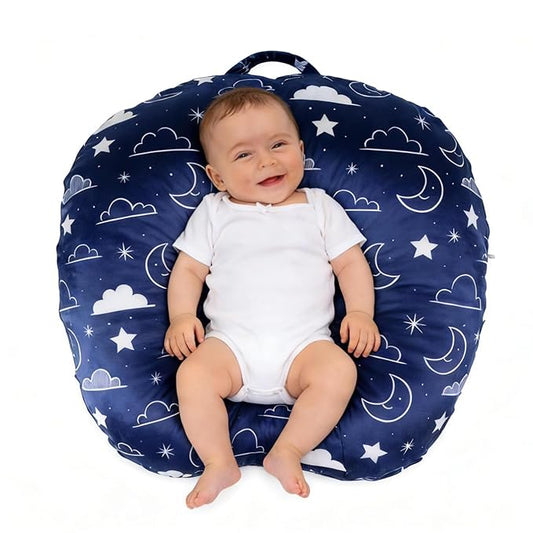 Newborn Lounger Cover - Hypoallergenic Minky Fitted Cover for Boppy Lounger Pillow - Stain-Resistant & Soft Baby Lounger Replacement Cover (Navy Blue, Stars and Clouds)