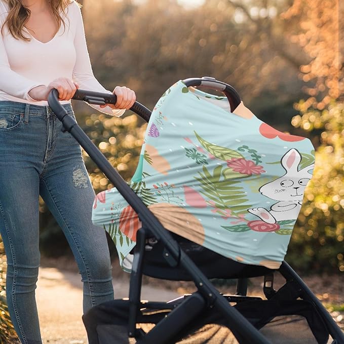 Cute Rabbit Floral Print Car Seat Canopy for Baby Infant,Easter Theme Nursing Cover Multi Breastfeeding Scarf,Shopping Cart/High Chair/Stroller Covers