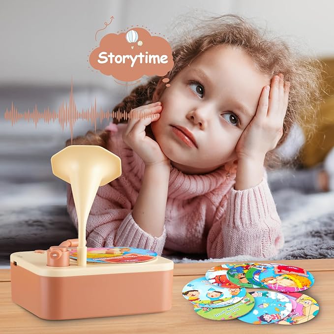 Toddler Gramophone Musical Toys - Player Audio Books for Kids, 99 Cards Stories Songs Phonograph Record, for Boys and Girls (Cozy Brown)