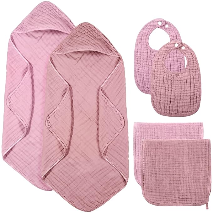 Hahafelt 6 Pcs Muslin Hooded Bath Towels Washcloths and Bibs Set, Muslin Cotton Baby Towels Absorbent Hooded Blanket Towel Infant Bibs for Boys Girls Newborn Infant Essential(Pink,Rose)
