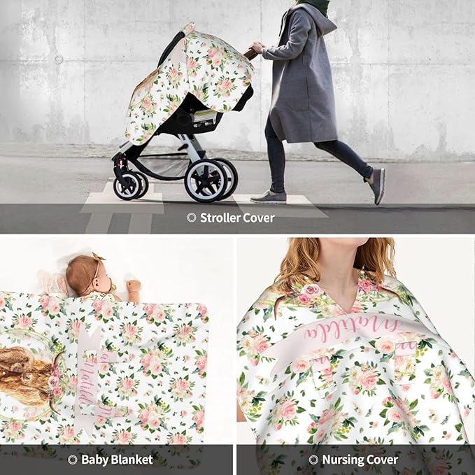 Personalized Baby Car Seat Canopy for Babies with Name, Custom Floral Cow Stroller Car Seat Covers for Girls, Minky Nursing Carseat Cover for Breastfeeding, Car Seat Canopies for Newborn