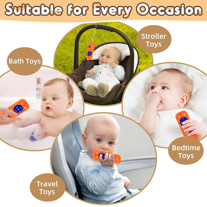AiTuiTui Baby Teething Relief Sensory Chew Toys for 3 6 9 12 Months, Silicone Infant Teether Remote Control Bath Toy for Newborn Toddlers Boy Girl Autism Baby Shower Birthday Gifts, Orange