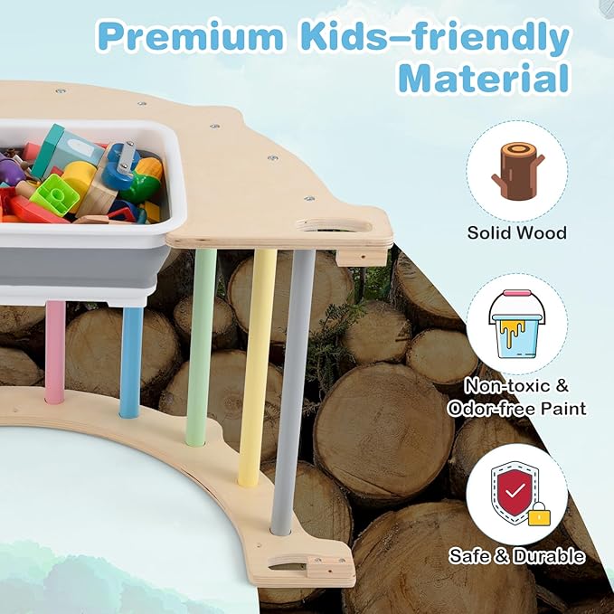 Olakids Climbing Arch for Toddlers, 4 in 1 Wooden Indoor Kids Climber Rocker Montessori Sensory Table with Foldable Storage Bin, Baby Pikler Set Gym Learning Crawling Toy for Children (Rainbow)
