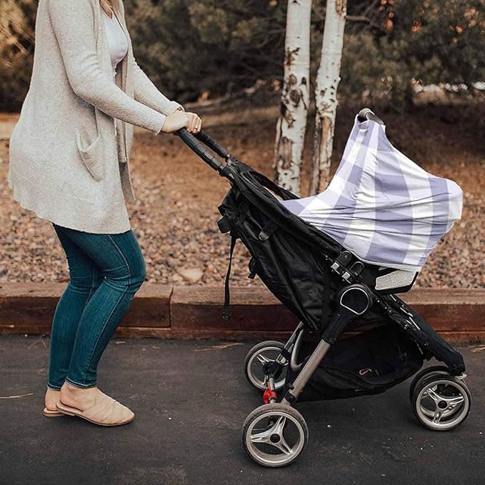 Purple White Plaid Car Seat Covers for Babies, Modern Geometric Checkered Lattice Nursing Breastfeeding Covers Stretchy Breathable Baby Carseat Canopy Cover for Girls and Boys Shower Gifts