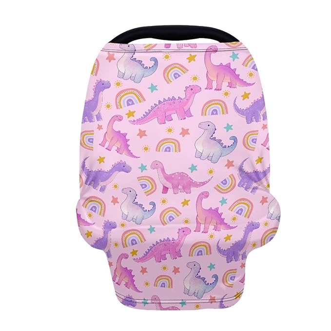 GIFTPUZZ Rainbow Dinosaur Car Seat Cover for Babies, Soft Breathable Infant Nursing Cover, Blocks Sunlight Carseat Canopy, Shopping Cart/High Chair/Stroller Covers for Mom Gifts, All Weather
