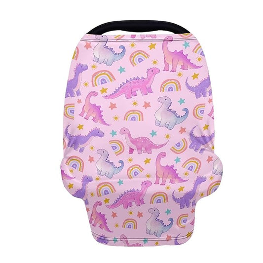 GIFTPUZZ Rainbow Dinosaur Car Seat Cover for Babies, Soft Breathable Infant Nursing Cover, Blocks Sunlight Carseat Canopy, Shopping Cart/High Chair/Stroller Covers for Mom Gifts, All Weather