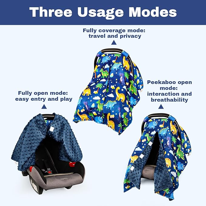 Hooyax Peekaboo Car Seat Cover for Baby Boy - Warm Minky Carseat Canopy with Adjustable Opening, Universal Fit for Infant Car Seats & Strollers, Soft Nursing Cover & Blanket (Dinosaur)