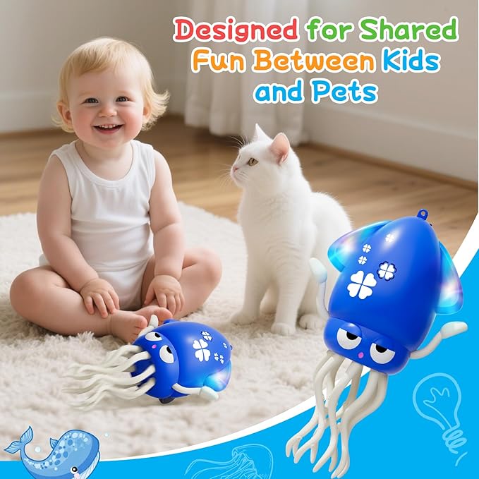 Crawling Dancing Octopus Toy for Kids – Rechargeable Interactive Sensory Toy with LED Lights & Music, Fun Tummy Time Gift for Birthdays & Holidays (Blue)