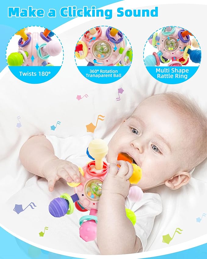 Baby Montessori Teething Toys 0-6 6-12 Month, Food Grade Baby Rattle Chew Sensory Teething Toys, Newborn Infant Learning Developmental Birthday Gifts for Boys Girls - Pink