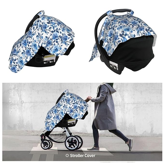 Blue Rose Floral Baby Car Seat Canopy Nursing Cover for Newborn Car Seat Breastfeeding Covers Blanket Newborn Shower Gift
