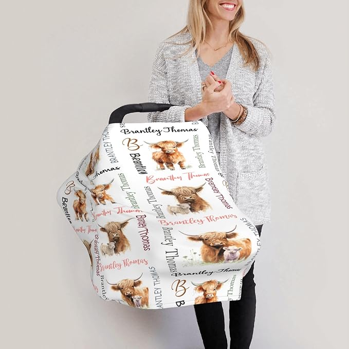 Personalized Car Seat Covers with Name, Highland Cow Baby Canopy Carrier Cover, Breathable Breastfeeding Nursing Cover, Stretchy Multi-Use Infant Carseat Stroller Cover