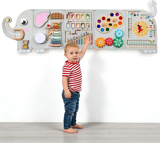 5FT Large Elephant Activity Wall Busy Board Wooden Sensory Wall Panel Educational Montessori Toys for Toddler Kids Interactive Sensory Activity Board Learning Center Playroom Daycare Nursery Decor