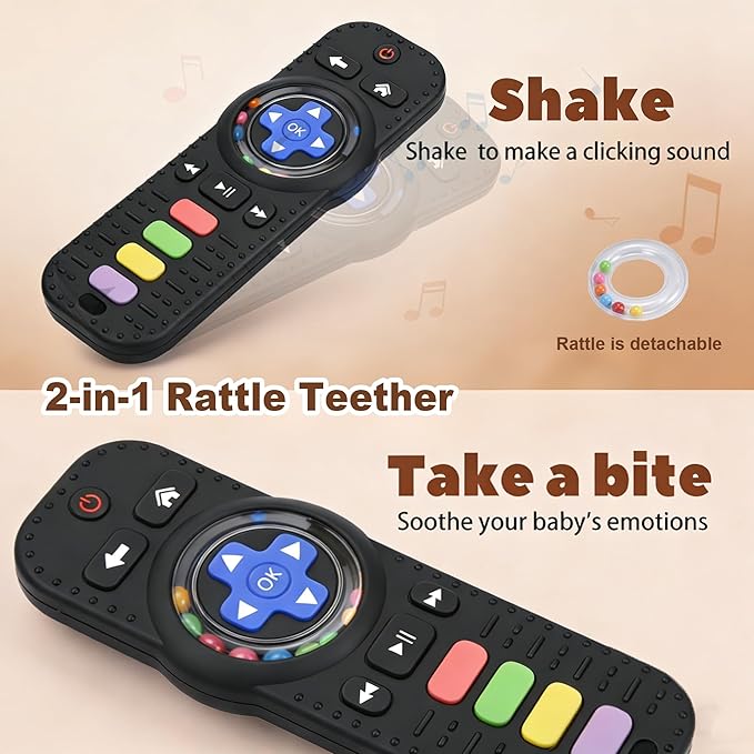 HAILI XMGQ Teething Toys for Baby, Sensory Baby Chew Toy, Rattle Ring Teether Toys for Babies 0-3-6-12 Months, Silicone TV Remote Control Shape for New Baby Gift (Black)