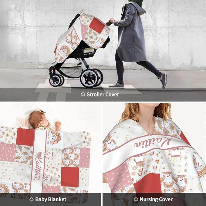 Personalized Baby Car Seat Canopy for Babies with Name, Custom Name Car Seat Covers for Girls, Colorful Rainbow Opening Minky Nursing Breastfeeding Stroller Cover Infant Carseat Canopies for Newborn