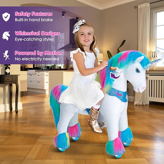 PonyCycle Rainbow Ride-on Unicorn Walking Pony Riding Horse Ride on Toy Advanced Model Y with Saddle Size 4 for Kids Ages 4-7, Indoor Outdoor with Wheels for Children Y454