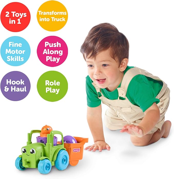 Toomies E73219C Tomy Hide and Squeak 2 in 1 Transforming Tractor, Push-Along Egg Character, Educational Shape Sorter with Colours and Sound, Toy for Baby Boys & Girls Aged 1, 2 & 3 Years Old