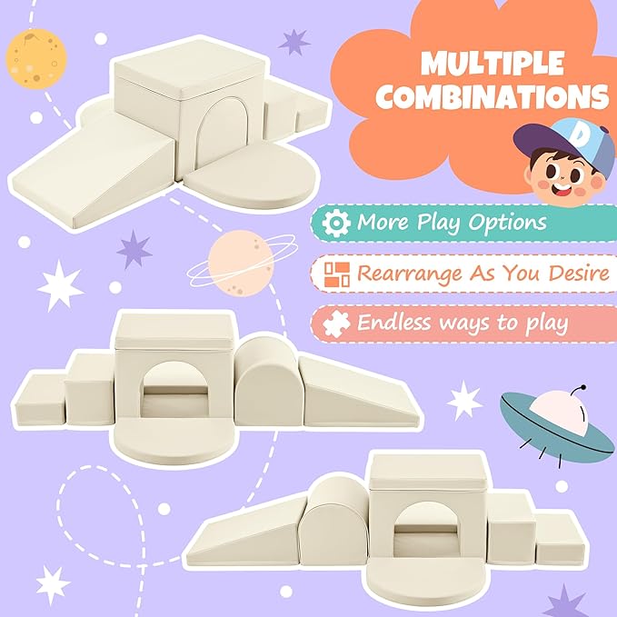 Merax Indoor Soft Foam Tunnel Climber, Toddler Climbing Toys with Tunnel, Steps and Ramp, Soft Climb and Crawl Playset Baby Soft Foam Blocks, 7-piece