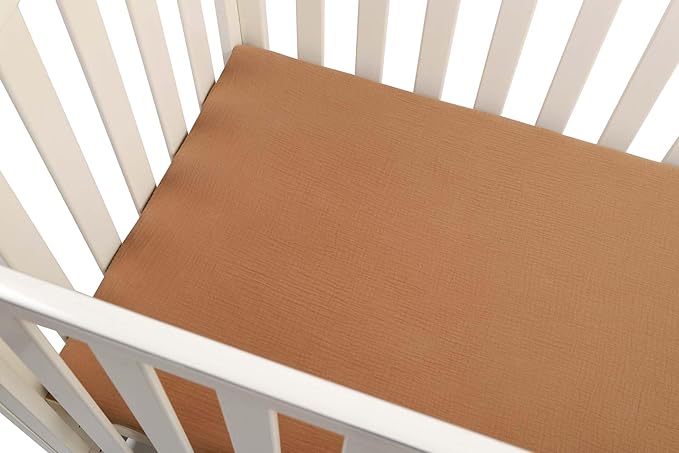 Onacosht Muslin Mini Crib Sheets, 39" x 27" Pack and Play Mattress Sheets Fitted for Pack N Play, Soft Cotton for Boys Girls, 2 Pack, Checker and Brown