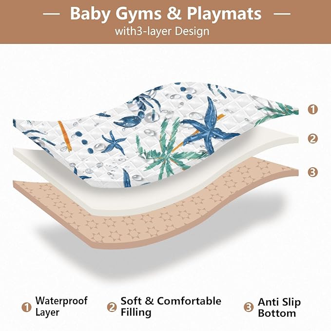 Baby Play Mat Seashells Beach 50 x 50 Playpen Mat Baby Play Mats for Floor Play Gym Crawling Mat Non-Slip Cushioned Baby Playmat for Infants, Babies, Toddlers