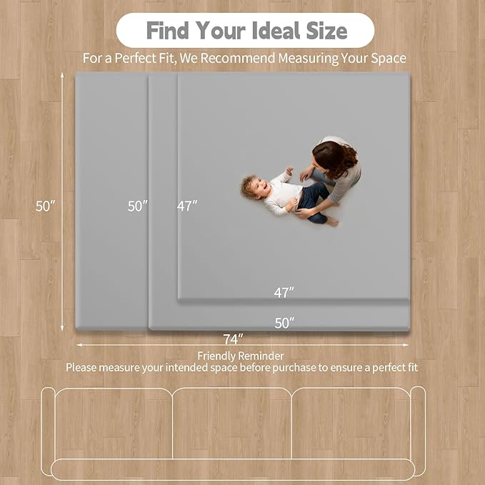 PU Leather Baby Play Mat for Floor, 74"×50" Playpen Mat, 1.3" Thick Elasti-Foam, Non-Slip Crawling Mat for Tummy Time, Waterproof & Wipe-Clean Playmat for Toddler,Infant, Kids (Grey）