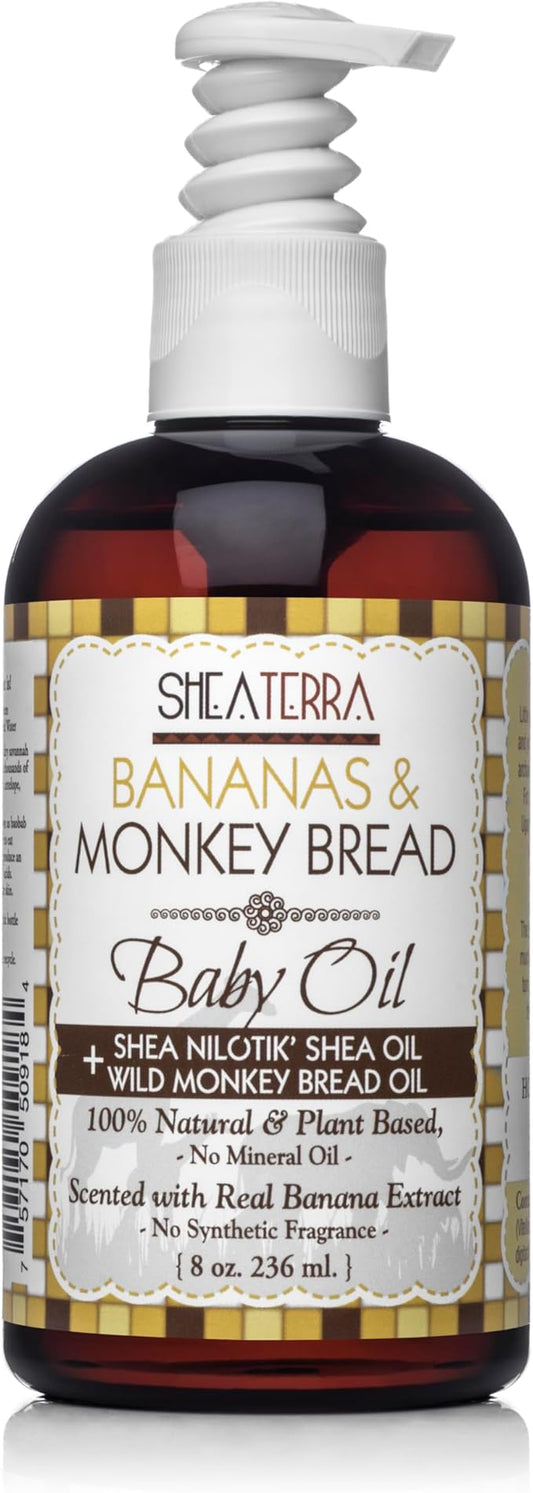Shea Terra Organics Mama and Baby Collection | Bananas & Monkey Bread Baby Oil | Non Toxic All Natural Baobab and Shea Butter Oil for Cradle Cap, Rashes, Diaper Area and Dry Skin Relief – 8oz