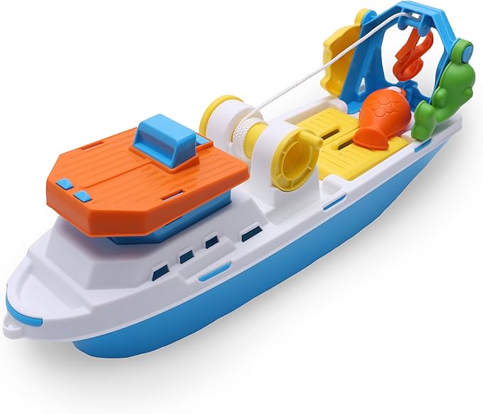 Toyland® 40cm (16") Colourful Fishing Boat with Moveable Doors, Fishing Hook & 4 Plastic Fish - Kids Floating Water Toy - Pool & Bathtime Toys - 3 Years+