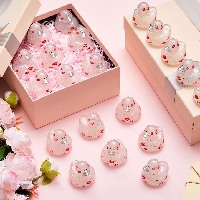 DEEKIN 48 Pcs Valentine Glitter Rubber Ducks 2" Pink Ducks Valentine Party Favors Decorations for Lovers Anniversary Celebration Couples Gift