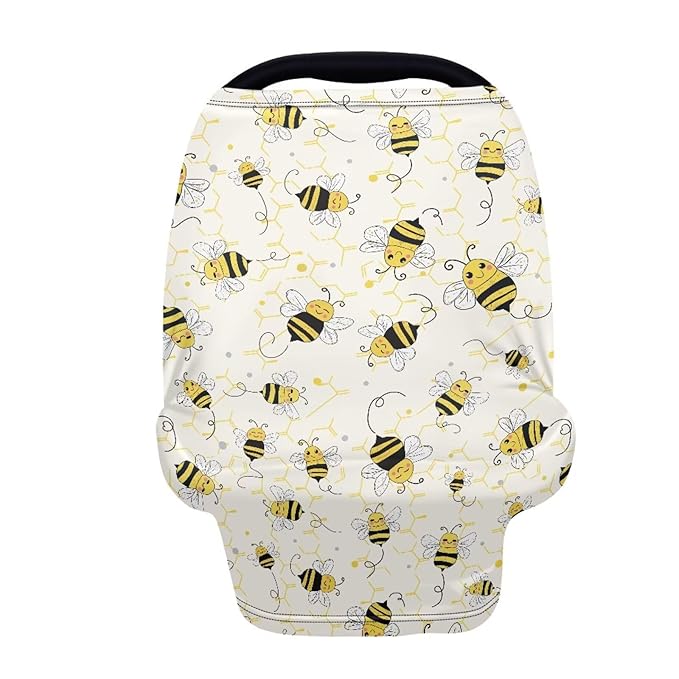 Wanyint Infant Car Seat Cover Baby Carseat Scarf Stretchy Nursing Scarf Car Seat Canopy Breathable Nursing Cover for Boys Girls Halloween Decor, Bee Honeycomb Yellow