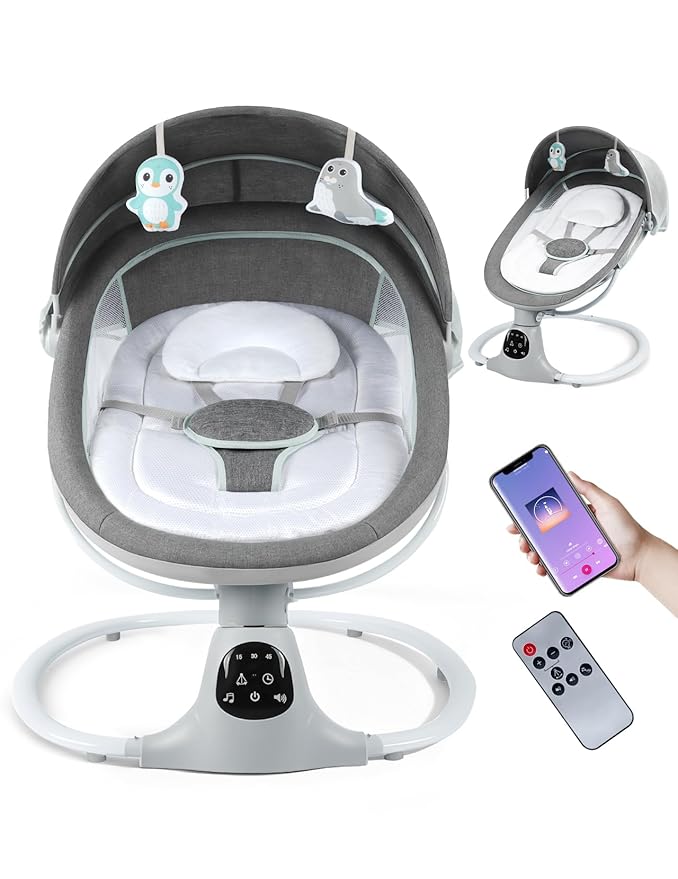 Electric Baby Swing for Infants to Toddler, Portable Swing Rocker with 5 Point Harness, 5 Sway Speed, Bluetooth,12 Preset Lullabies with Remote Control, Infant Swing for Baby Boys & Girls, Grey