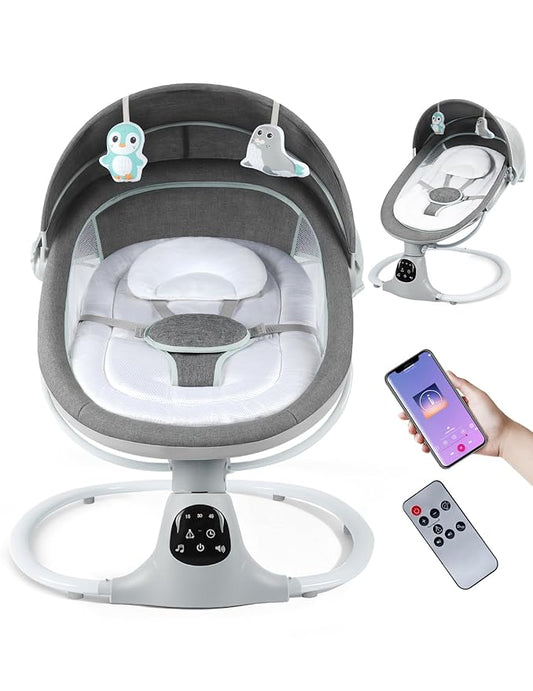 Electric Baby Swing for Infants to Toddler, Portable Swing Rocker with 5 Point Harness, 5 Sway Speed, Bluetooth,12 Preset Lullabies with Remote Control, Infant Swing for Baby Boys & Girls, Grey