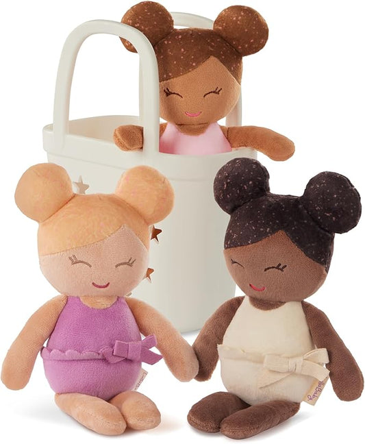 LullaBaby – 3 Pieces Set of Soft Plush Dolls for Real Water Play – Carrying Basket with Cute Star Cutouts – Pretend Play – Tub Toys for Kids 2+ Years– Bath Yoy Bundle