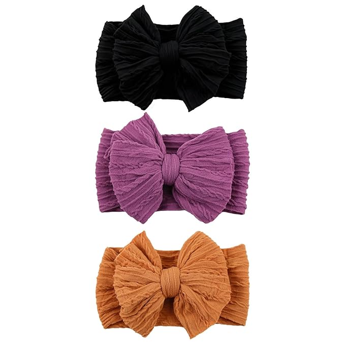 3 Pcs Halloween Baby Bows Headbands Soft Nylon Hairbands Super Elastic Headband Hair Accessories For Baby Girls Infant Toddler Essentials (Black Purple Orange, Mid)