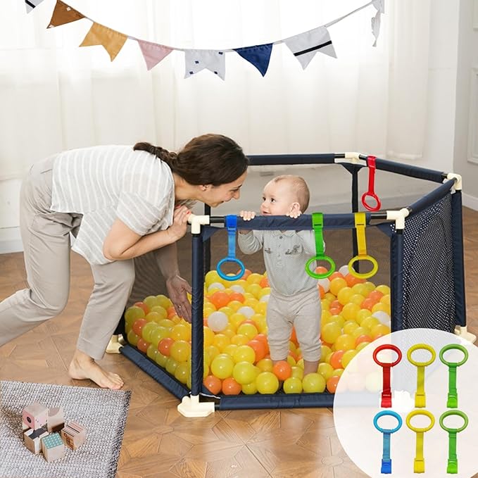 6PCS 4 Colors Baby Playpen Pull up Rings-Plastic Crib Pull Rings Walking Exercises Assistant Stand Up Cot Hanging Ring for Infant Baby Toddler